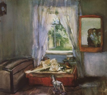 印象派の静物画 Painting - 保育園で コンスタンチン・ソモフの印象派の静物画